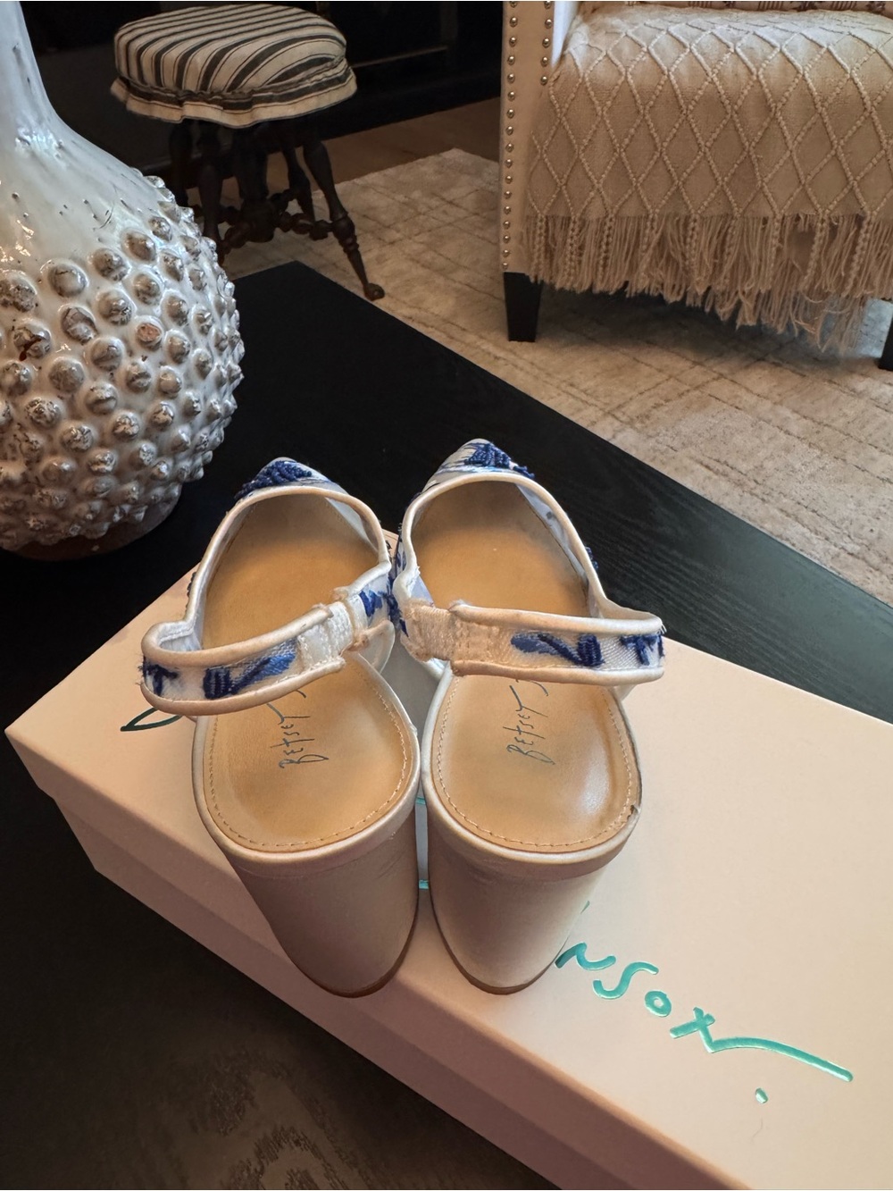 Betsey Johnson White Slingback Pumps with Blue Floral Embroidery - Picture 3 of 10